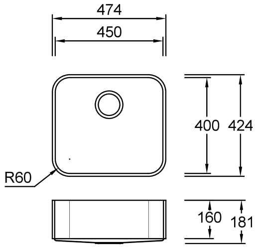 Combi R45 E Quarry / Mosaic / Terrazzo / Tempest Stella Spülbecken Unterbau 450x400 mm